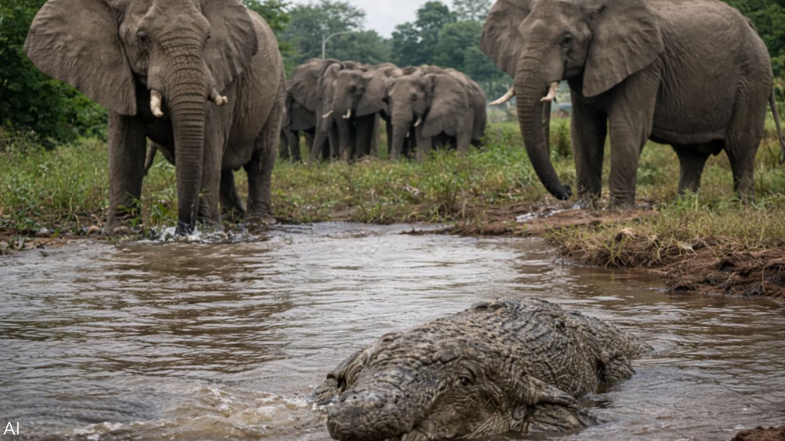 نهاية صادمة لرجل زامبي ..  هرب من الأفيال فافترسه تمساح