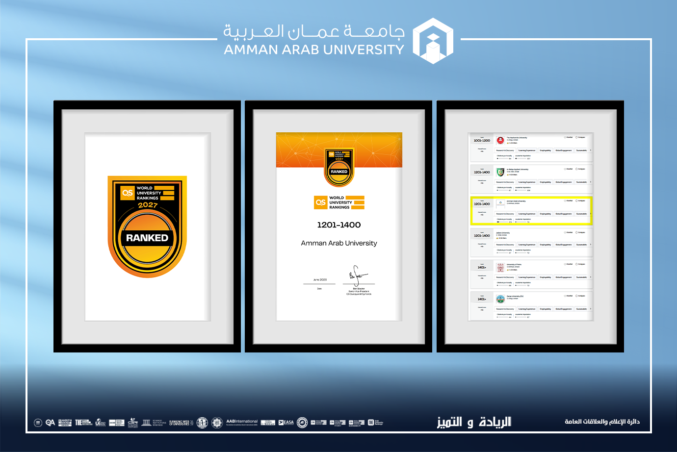 عمان العربية تعزز مكانتها الدولية وتتصدر كافة الجامعات الأردنية بمعيار البحث العلمي في تصنيف QS 2027
