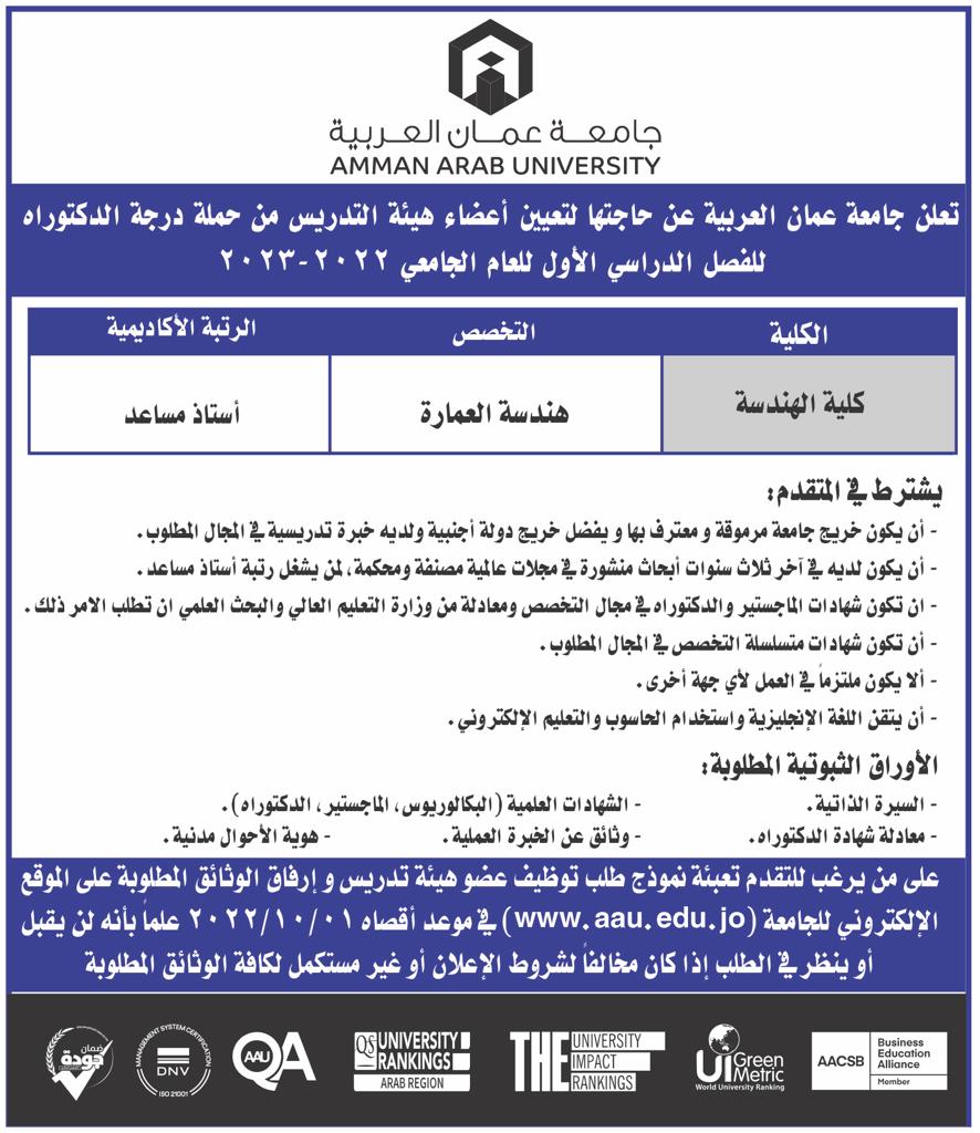 جامعة عمان العربية بحاجة لتعيين عضو هيئة تدريسية 