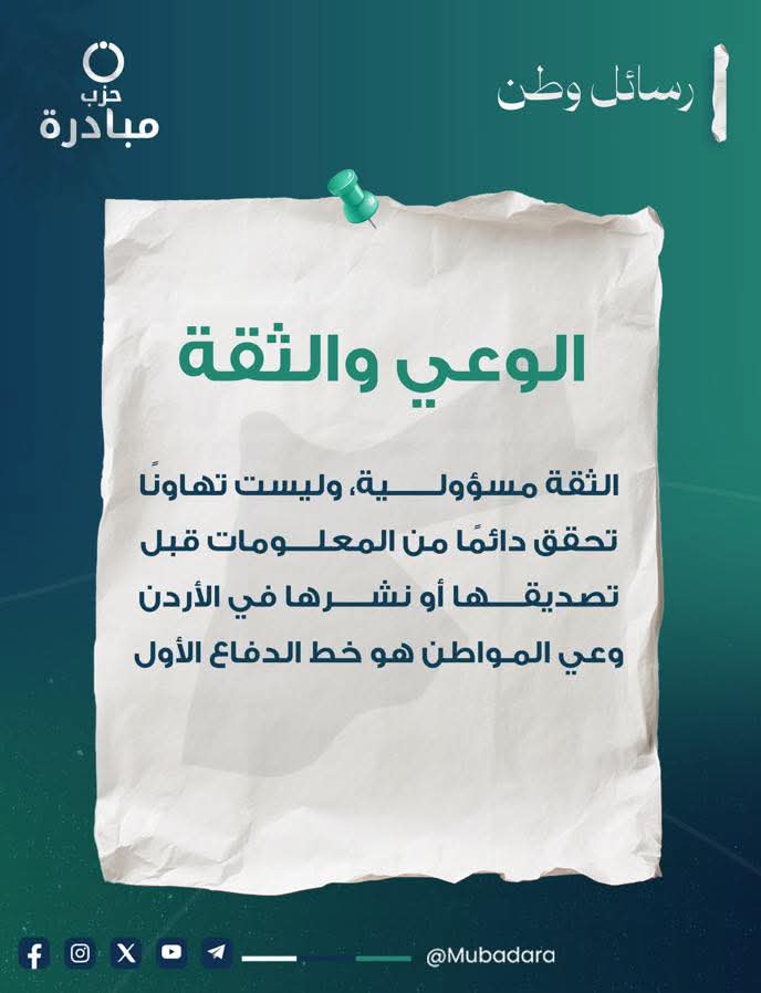 حزب مبادرة يطلق رسائل وطن: وعيك يحمي الأردن