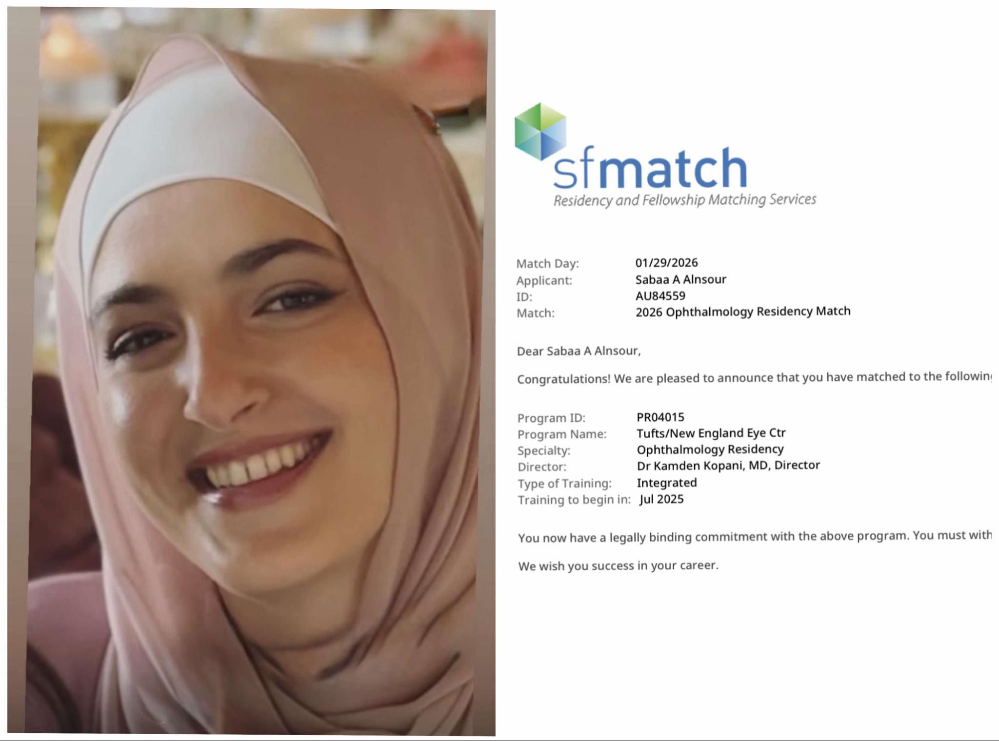 سبأ النسور تحصد مقعدًا في تخصص طب العيون بجامعة Tufts الأمريكية